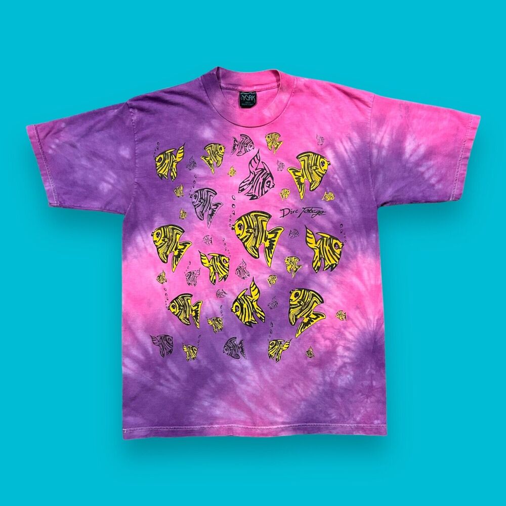 Vintage Tie Dye Shirt Fish Tee 80s 90s All Over Print Ocean Nature Travel Cotton